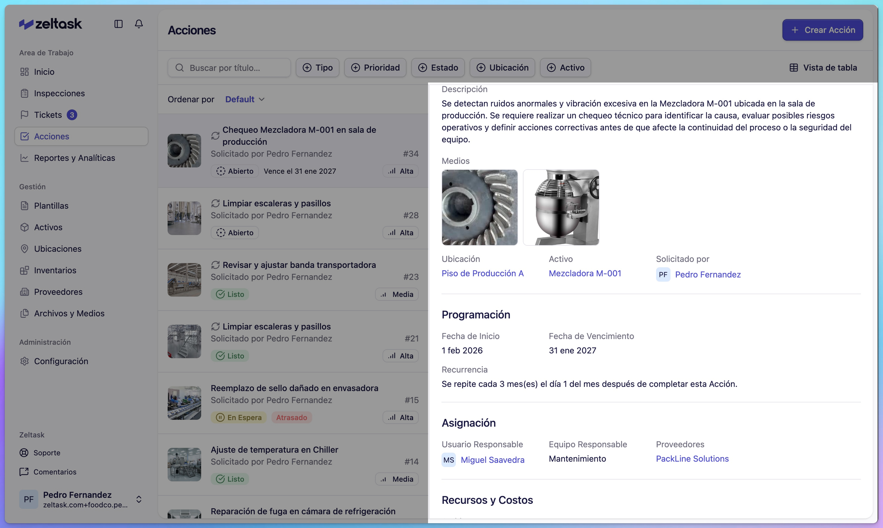 Action detail view showing linked asset, location, and assigned team